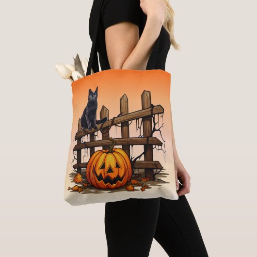 Zwarte Kat Afsluiting Jack-O' Lantern Oranje Hallo Tote Bag (Dichtbij)