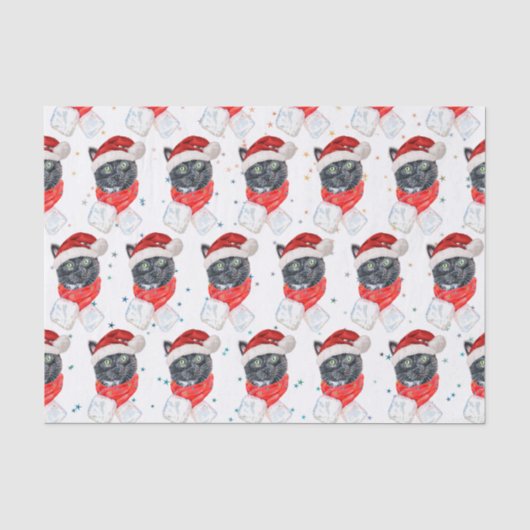 Zwarte Kat Aquarel met Kerstsjaal Tissuepapier (Voorkant)