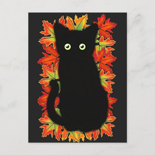 Zwarte kat, Autumn-bladeren patroon, Halloween leu Briefkaart (Voorkant)