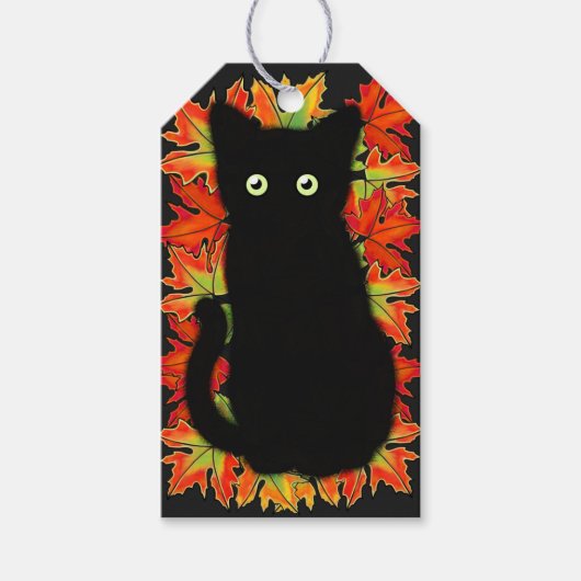 Zwarte kat, Autumn-bladeren patroon, Halloween leu Cadeaulabel (Voorkant)
