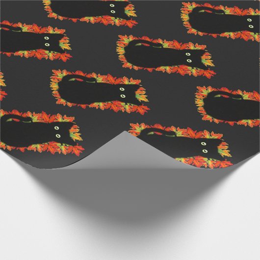 Zwarte kat, Autumn-bladeren patroon, Halloween leu Cadeaupapier (Hoek)
