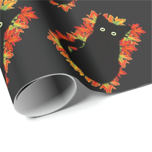 Zwarte kat, Autumn-bladeren patroon, Halloween leu Cadeaupapier (Rol Hoek)