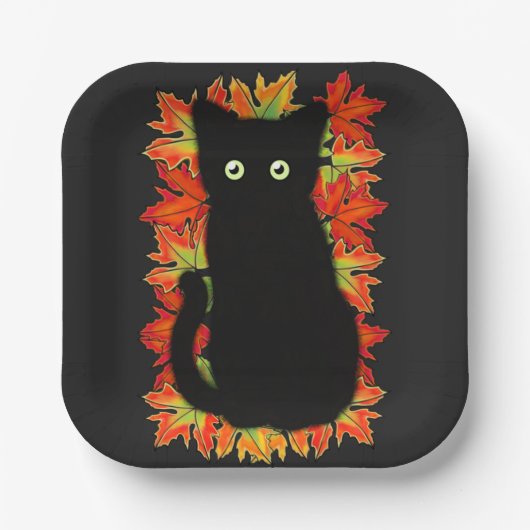 Zwarte kat, Autumn-bladeren patroon, Halloween leu Papieren Bordje (Voorkant)