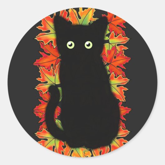Zwarte kat, Autumn-bladeren patroon, Halloween leu Ronde Sticker (Voorkant)