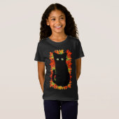 Zwarte kat, Autumn-bladeren patroon, Halloween leu T-shirt (Voorkant volledig)