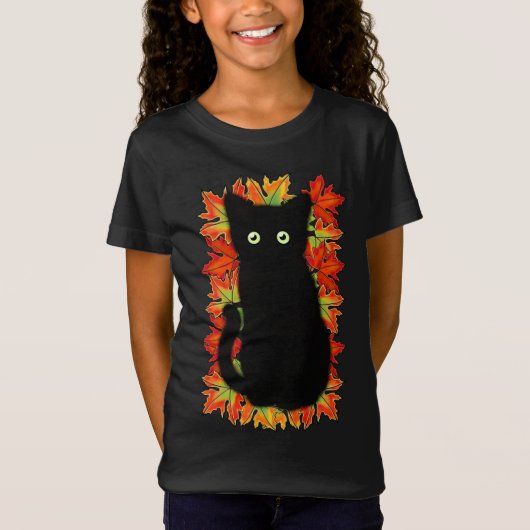 Zwarte kat, Autumn-bladeren patroon, Halloween leu T-shirt (Voorkant)