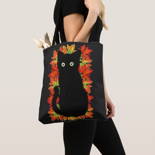 Zwarte kat, Autumn-bladeren patroon, Halloween leu Tote Bag (Dichtbij)