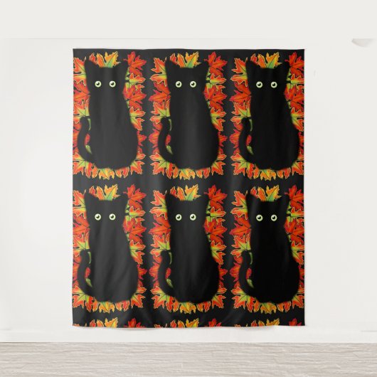 Zwarte kat, Autumn-bladeren patroon, Halloween leu Wandkleed (Voorkant)