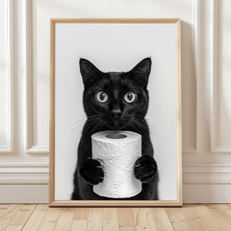 Zwarte Kat Badkamer Print, Kat Houdt Toiletrol Vas Poster
