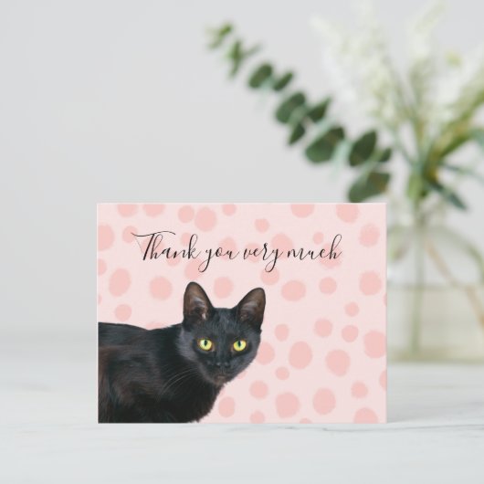 Zwarte kat bedankt u hartelijk voor uw roze stippe briefkaart (Staand voorkant)