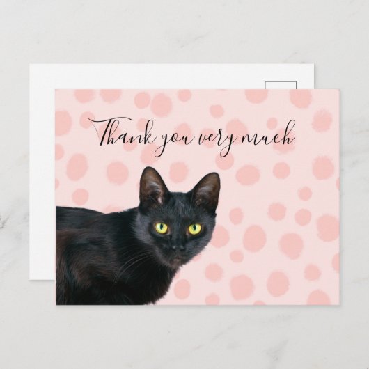 Zwarte kat bedankt u hartelijk voor uw roze stippe briefkaart (Voorkant / Achterkant)