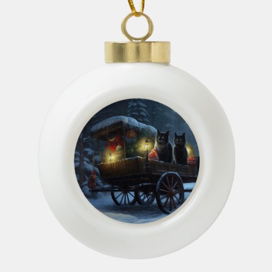 Zwarte Kat Besneeuwde slee-rit Kerst Decoratie (Voorkant)