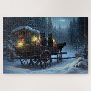 Zwarte Kat Besneeuwde slee-rit Kerst Decoratie   Legpuzzel