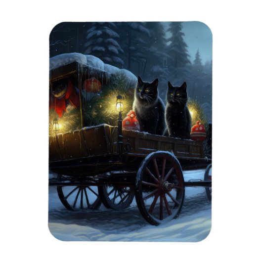 Zwarte Kat Besneeuwde slee-rit Kerstversiering Magneet (Verticaal)