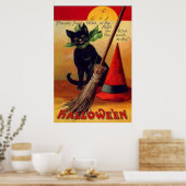 Zwarte Kat Bezem Heksenhoed Vollemaan Poster (Keuken)