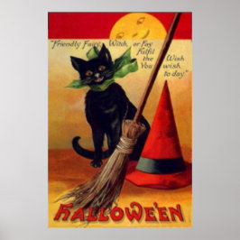 Zwarte Kat Bezem Heksenhoed Vollemaan Poster