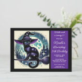 Zwarte Kat Bezem Heksenmagie Halloween Verjaardag Kaart (Staand voorkant)