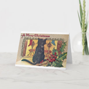 zwarte kat bij Fireplace-kerstkaart Feestdagen Kaart