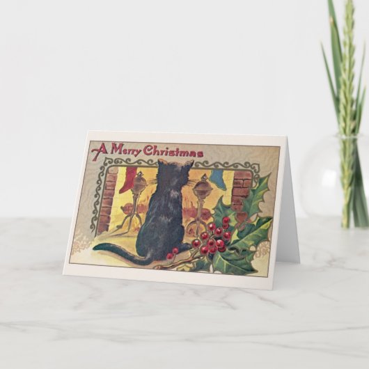  zwarte kat bij open haard kerst Kaart (Voorkant)