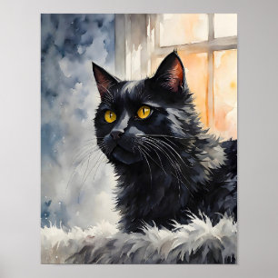 Zwarte Kat bij Raam Kunstprint Gezellige Katachtig Poster