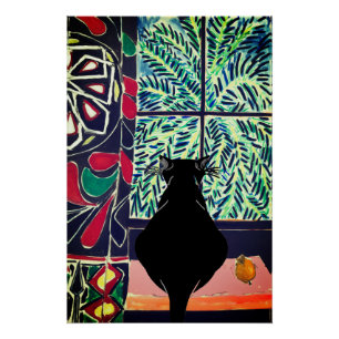 Zwarte kat bij venster Glossy Poster