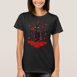 Zwarte Kat Bijt Rozen Harten Valentijnsdag Dier T-shirt