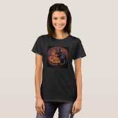 Zwarte kat bijtende pizza t-shirt (Voorkant volledig)