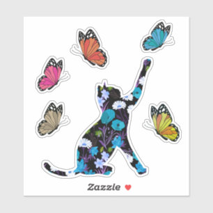 Zwarte kat blauwe bloemen en kleurrijke vlinders sticker