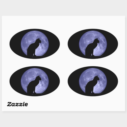 Zwarte kat Blauwe maan Ovale Stickers (Vel)