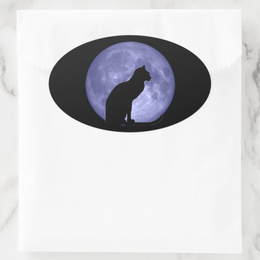 Zwarte kat Blauwe maan Ovale Stickers (Tas)