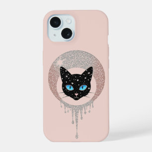 Zwarte Kat Blauwe Ogen Minimaal Gothisch Portret iPhone 15 Case
