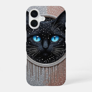 Zwarte Kat Blauwe Ogen Modern Gotisch Portret iPhone 16 Hoesje