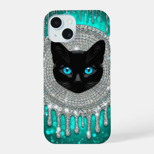 Zwarte Kat Blauwe Ogen Smaragd Gothisch Portret iPhone 15 Case