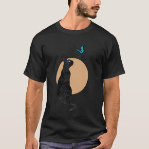 Zwarte Kat & Blauwe Vlinder Minimal Retro Stijl T-shirt