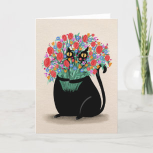 Zwarte kat & bloemen bedankkaart