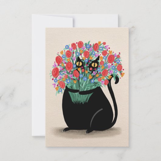 Zwarte kat & bloemen bedankkaart (Voorkant)