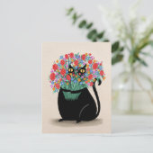 Zwarte kat & bloemen briefkaart (Staand voorkant)
