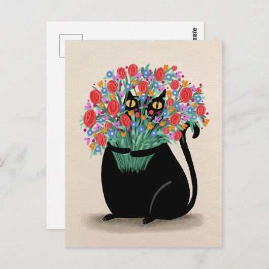 Zwarte kat & bloemen briefkaart (Voorkant / Achterkant)