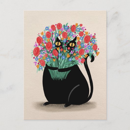Zwarte kat & bloemen briefkaart (Voorkant)