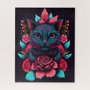 ZWARTE KAT BLOEMEN FANTASIE LEGPUZZEL