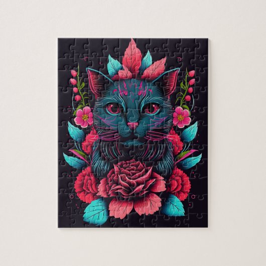 ZWARTE KAT BLOEMEN FANTASIE LEGPUZZEL (Verticaal)