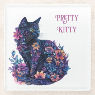 Zwarte Kat Bloemen Pretty Kitty Glazen Onderzetter