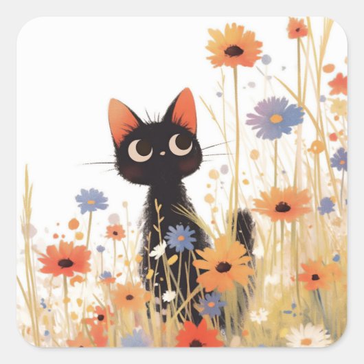 Zwarte Kat Bloemen Retreat Vierkante Sticker (Voorkant)