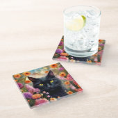 Zwarte kat bloemen tuin kat 736 glazen onderzetter (Schuin)