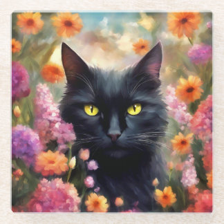 Zwarte kat bloemen tuin kat 736 glazen onderzetter