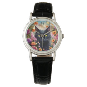Zwarte kat bloemen tuin kat 736 horloge