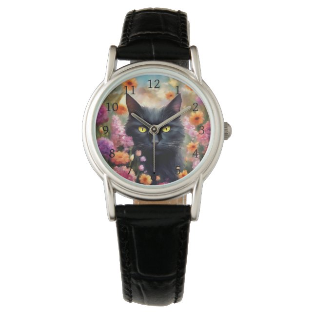 Zwarte kat bloemen tuin kat 736 horloge (Voorkant)