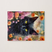 Zwarte kat bloemen tuin kat 736 legpuzzel (Horizontaal)