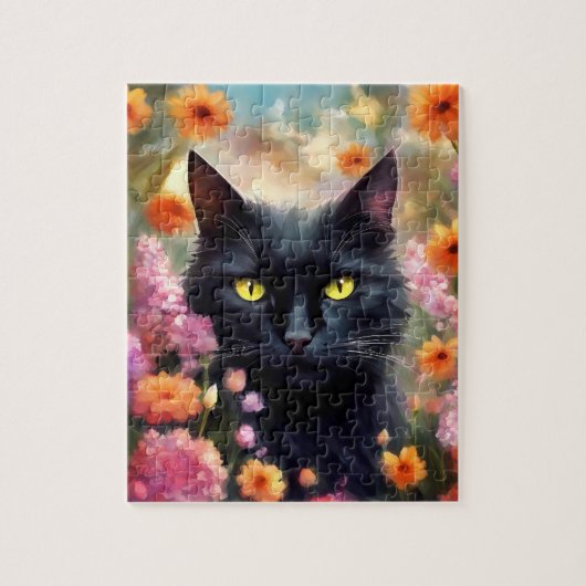 Zwarte kat bloemen tuin kat 736 legpuzzel (Verticaal)