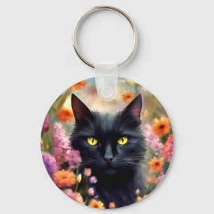 Zwarte kat bloemen tuin kat 736 sleutelhanger